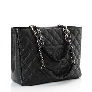 Chanel GST Black Caviar Leather Tote – Silver Hardware, Quilted Chain Shoulder